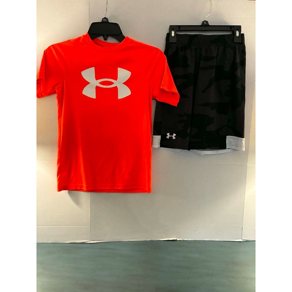 Under Armour Youth Medium Shirt & Shorts Set Orange Logo Tee Black Camo‎ Shorts